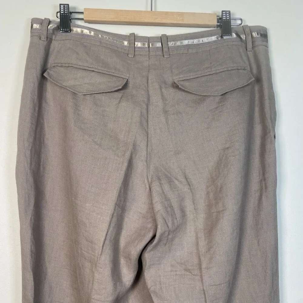 H&M Women’s Size 14 Pants 100% Linen Wide Leg Pockets‎ Mid Rise Tan Taupe Office